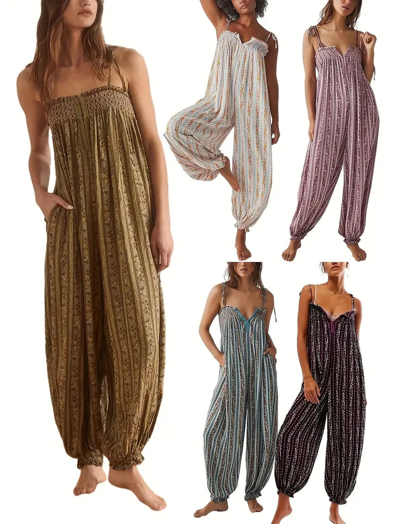 Sleeveless Flowy Vibrant Striped Jumpsuit with Lace Trim