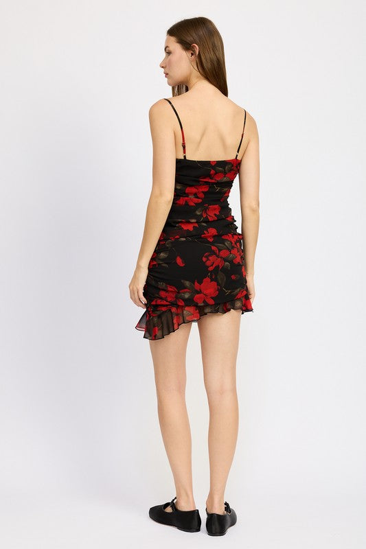 Ruched Asymmetrical Neck Mini Dress with Ruffle Detail