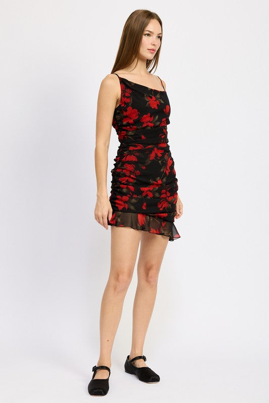 Ruched Asymmetrical Neck Mini Dress with Ruffle Detail