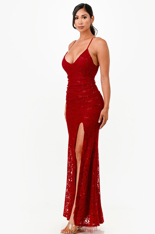 Lace Mermaid Sleeveless Open Back Maxi Dress