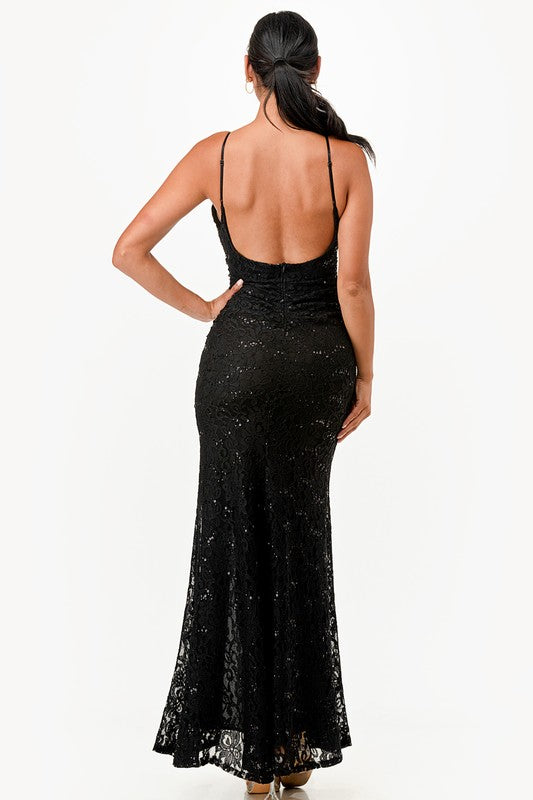 Lace Mermaid Sleeveless Open Back Maxi Dress