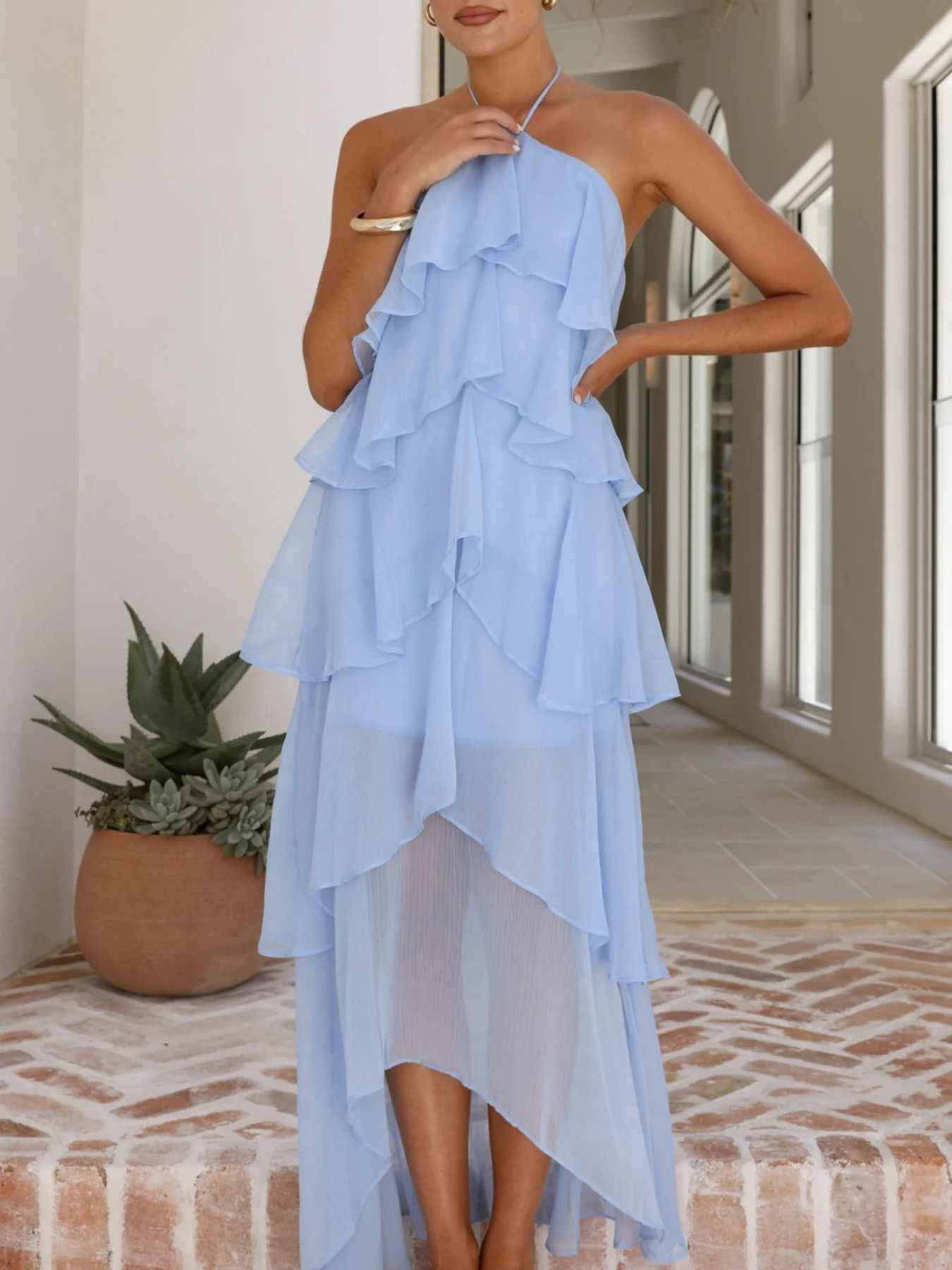 Tiered Ruffle Halter Midi Dress - Layered Flowy Style
