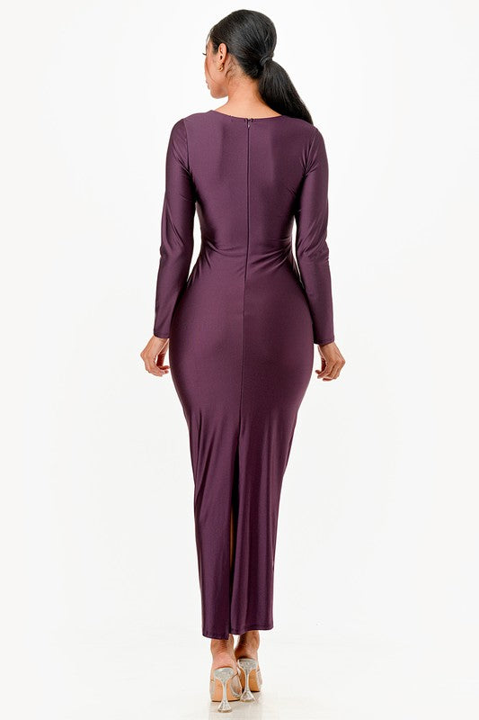 Long Sleeve Shiny Tricot Overlap Maxi Dress