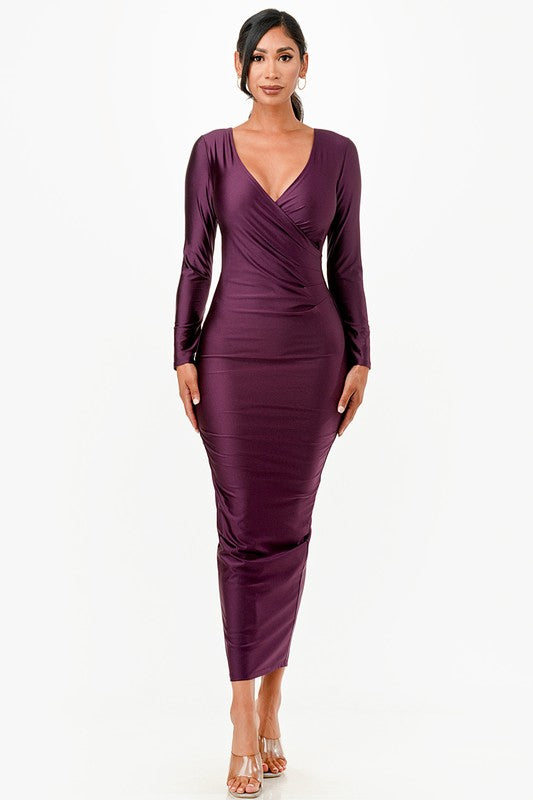 Long Sleeve Shiny Tricot Overlap Maxi Dress