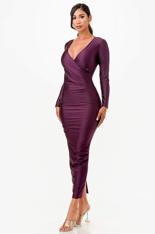 Long Sleeve Shiny Tricot Overlap Maxi Dress