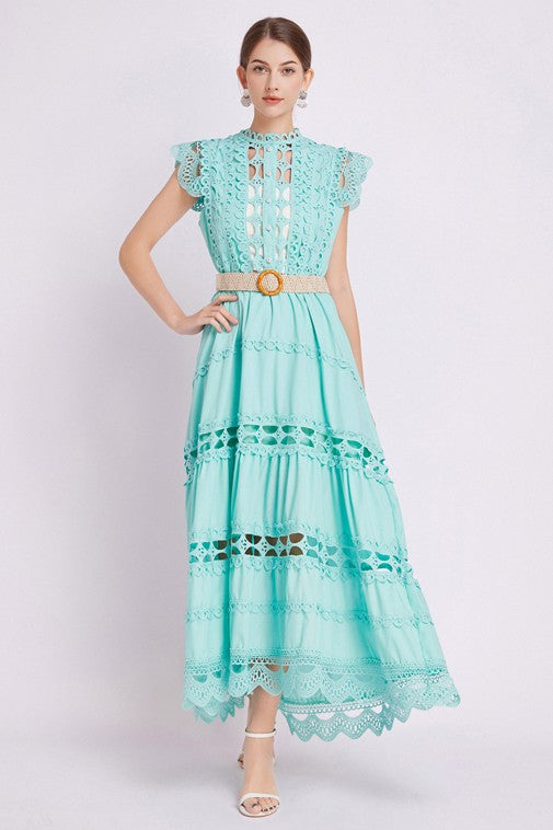 Embroidered Ruffle Sleeveless Trim Waist Belted Maxi Dress