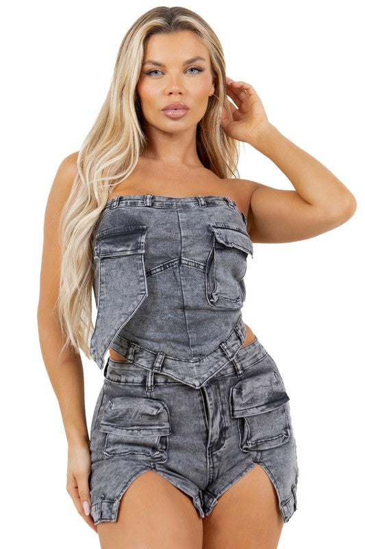 Cargo Style Strapless Zipper Top & Shorts Set