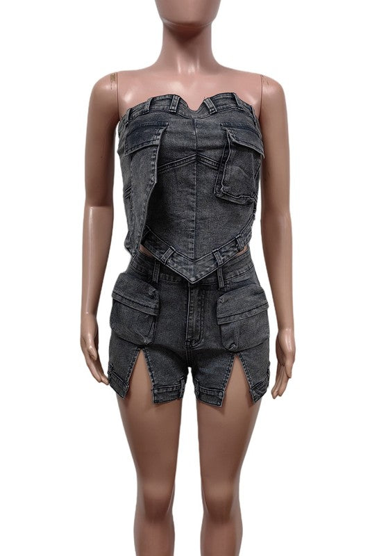 Cargo Style Strapless Zipper Top & Shorts Set