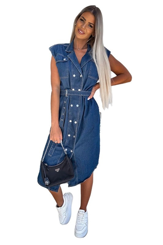 Front Snap Button Denim Vest Midi Dress