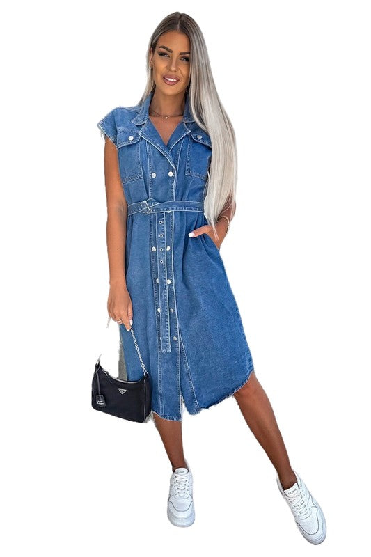 Front Snap Button Denim Vest Midi Dress
