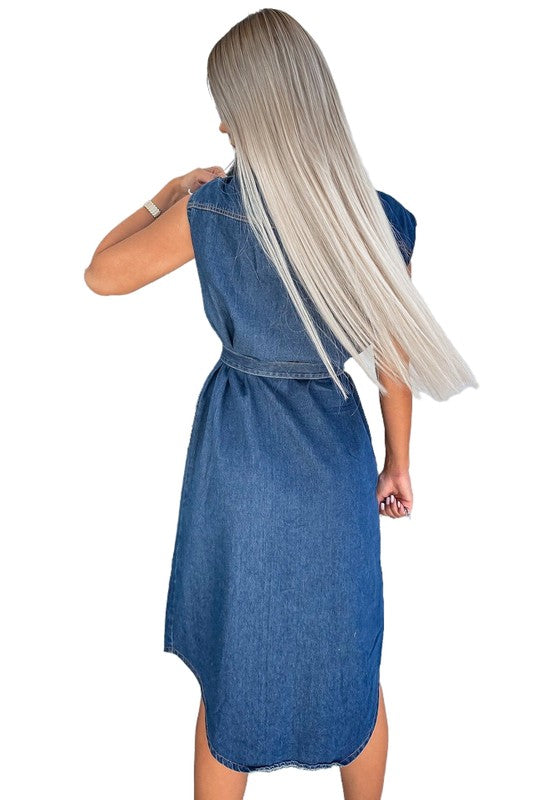 Front Snap Button Denim Vest Midi Dress