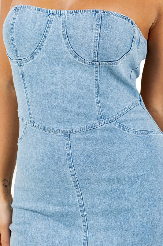 Strapless Invisible Zipper Bodycon Denim Maxi Dress