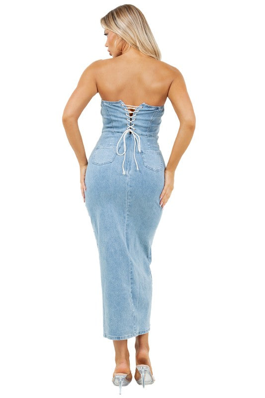 Strapless Invisible Zipper Bodycon Denim Maxi Dress