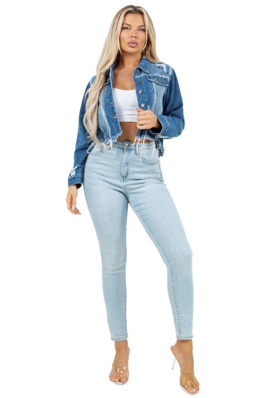 Button Closure Crop Style Denim Jacket