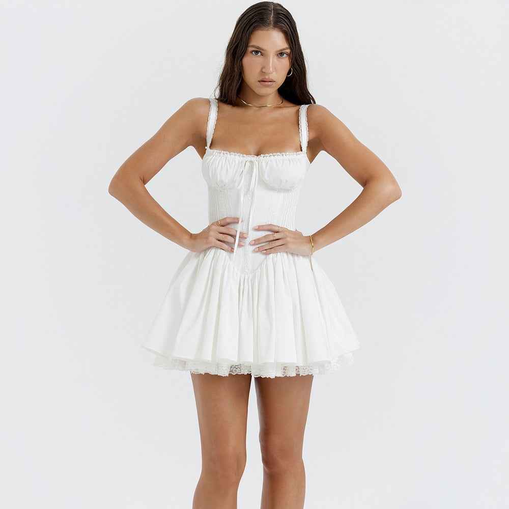 White Lace Backless Dress - Spaghetti Strap Patchwork Midi