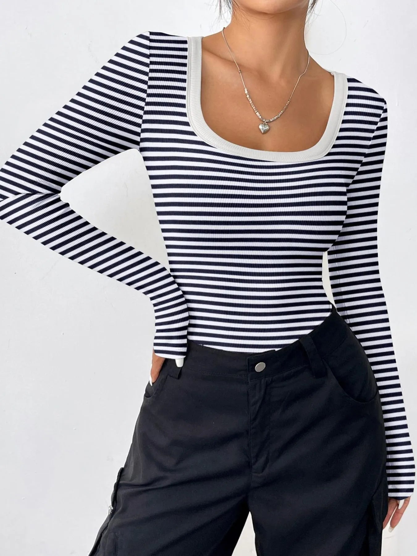 Trendsi Scoop Neck T-Shirt navy white striped long sleeve fitted ribbed top with contrast white trim worn with black pants