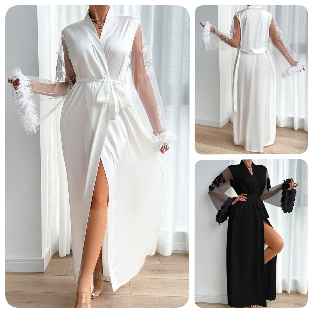 Sheer Lace Robe - Full Length Boa Sleeve Intimate Wear