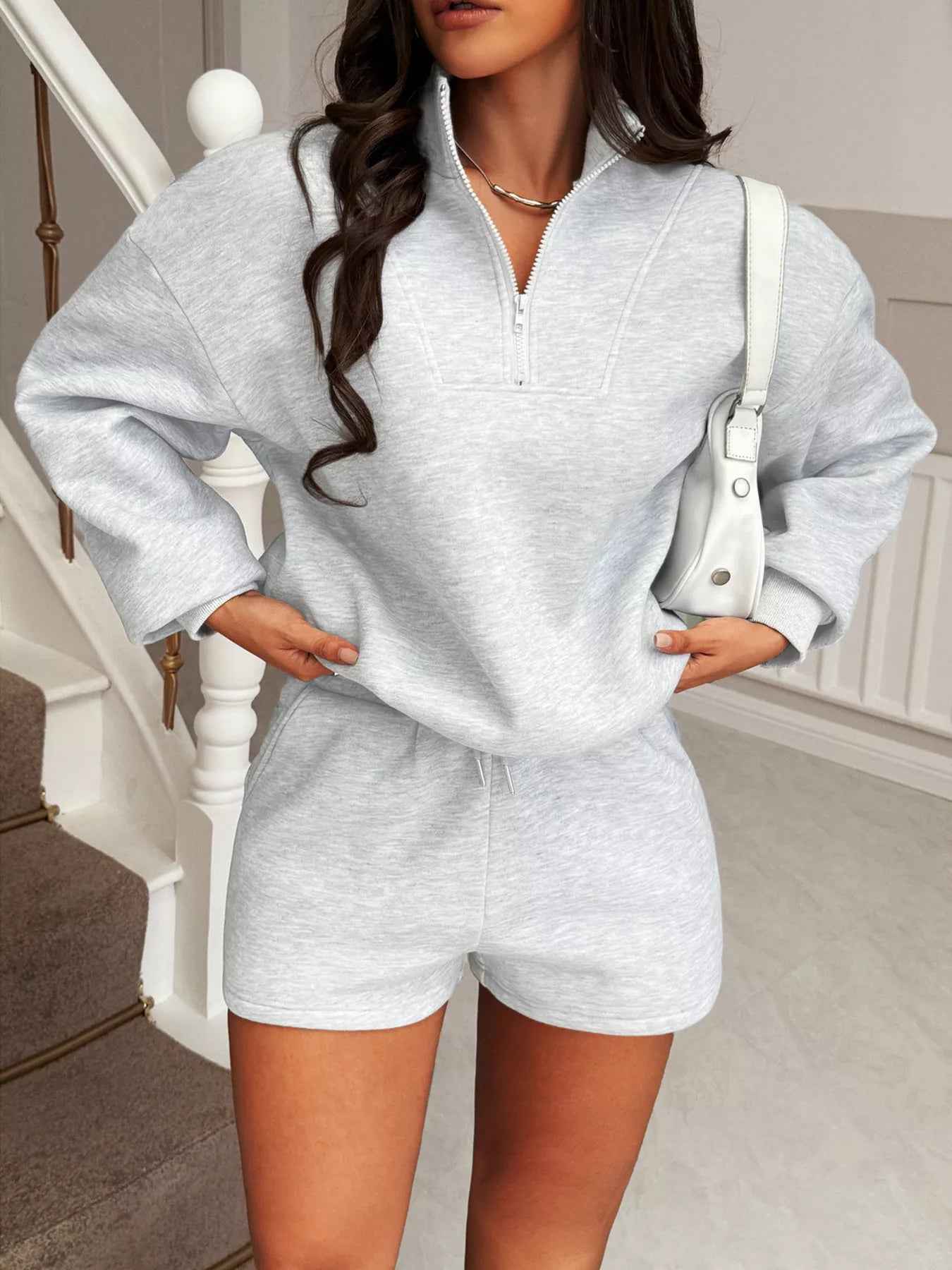 Zip-Up Sweatshirt & Shorts Set - Casual Loungewear - Fashions Envy