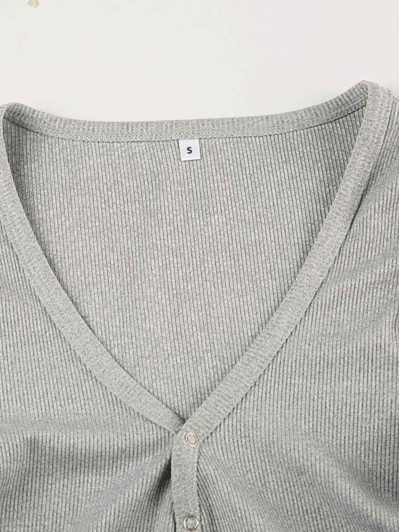 Deep V-Neck Ribbed Romper - Long Sleeve Button Front