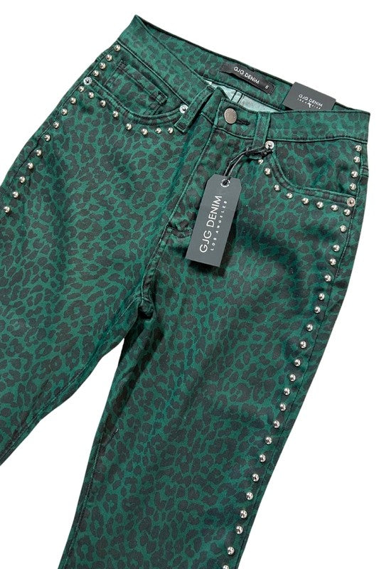 Green Leopard Studded Bell Bottom Jeans