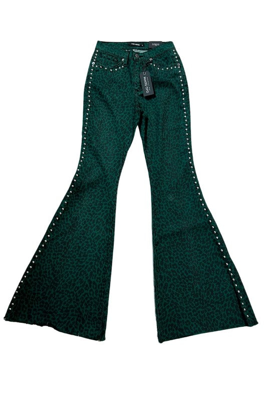 Green Leopard Studded Bell Bottom Jeans