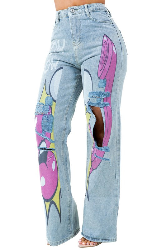 Graffiti Look High Waist Wide Leg Cut Front Jeans