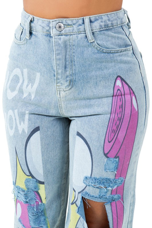 Graffiti Look High Waist Wide Leg Cut Front Jeans