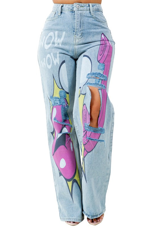 Graffiti Look High Waist Wide Leg Cut Front Jeans
