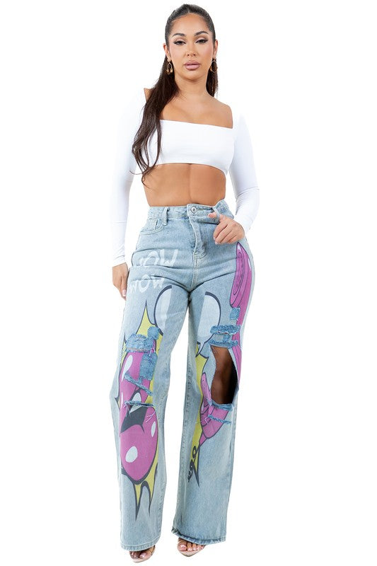 Graffiti Look High Waist Wide Leg Cut Front Jeans