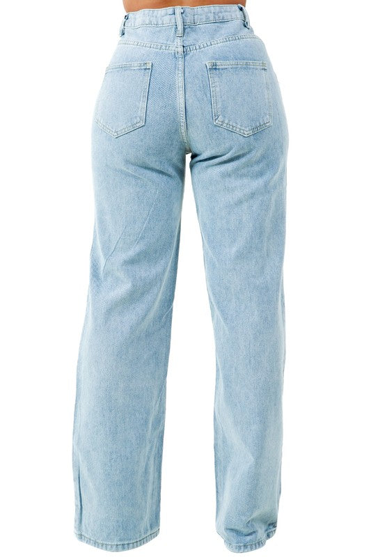 Graffiti Look High Waist Wide Leg Cut Front Jeans