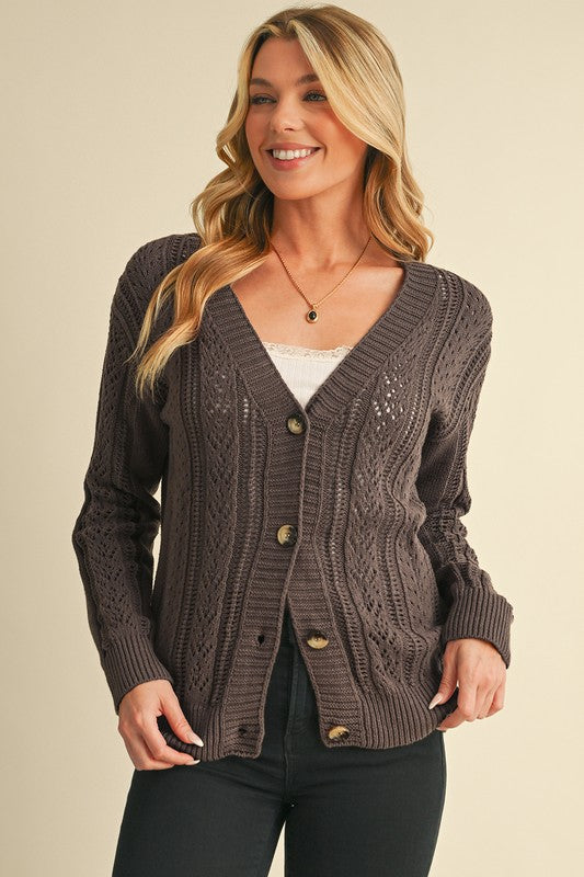 Button Closure Hollow Knit Drop Shoulder Cardigan