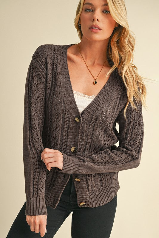 Button Closure Hollow Knit Drop Shoulder Cardigan