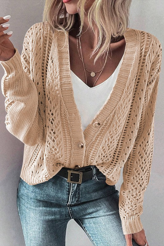 Button Closure Hollow Knit Drop Shoulder Cardigan
