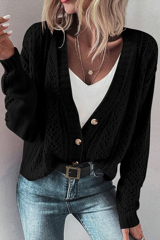 Button Closure Hollow Knit Drop Shoulder Cardigan
