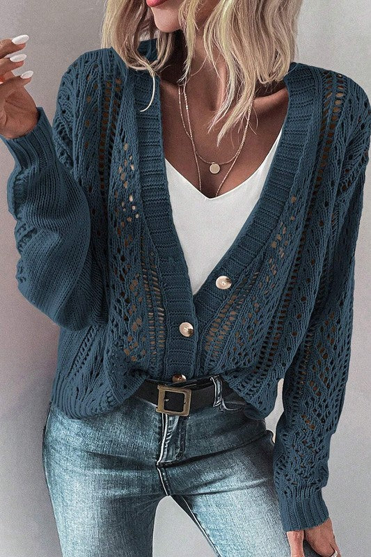 Button Closure Hollow Knit Drop Shoulder Cardigan