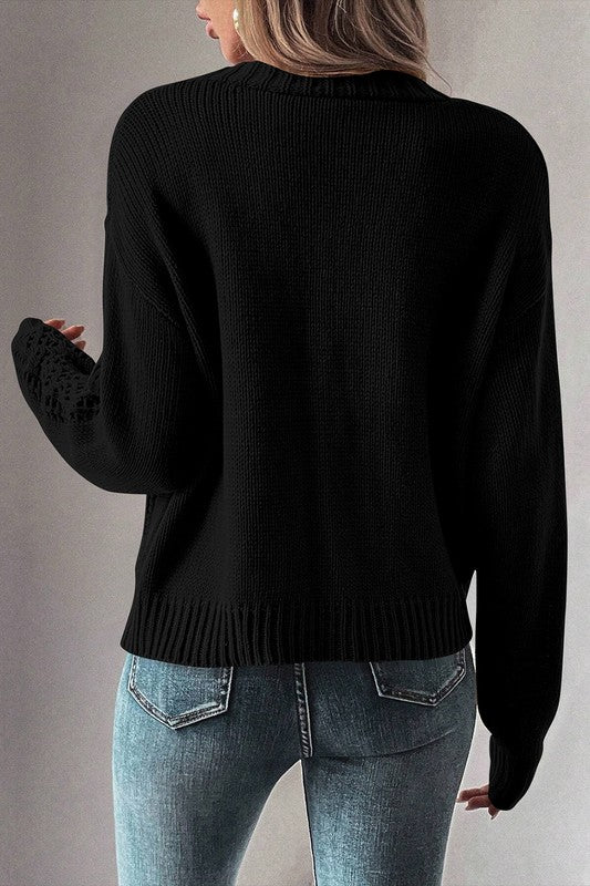 Button Closure Hollow Knit Drop Shoulder Cardigan
