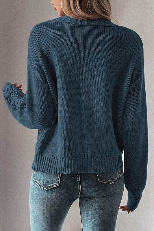 Button Closure Hollow Knit Drop Shoulder Cardigan
