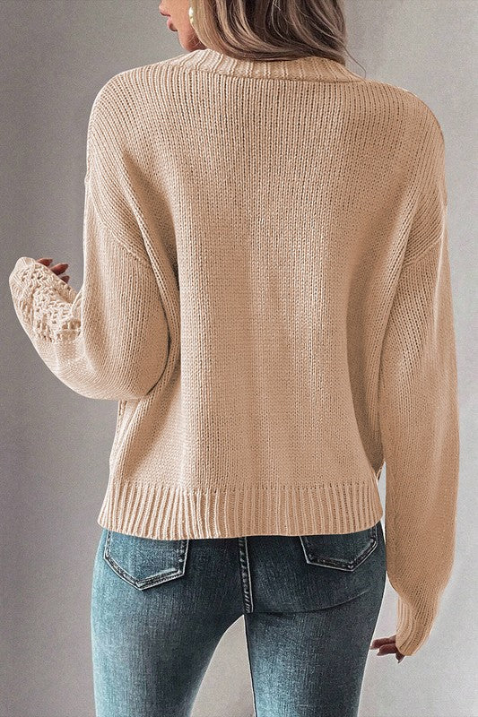 Button Closure Hollow Knit Drop Shoulder Cardigan