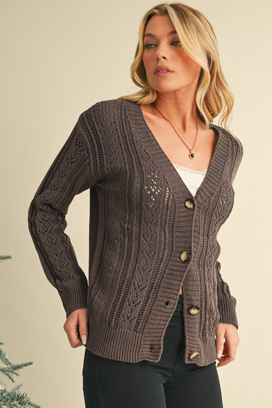 Button Closure Hollow Knit Drop Shoulder Cardigan