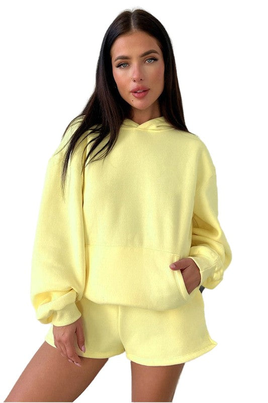 Long Sleeve Kangaroo Pocket Hoodie & Casual Drawstring Shorts Set