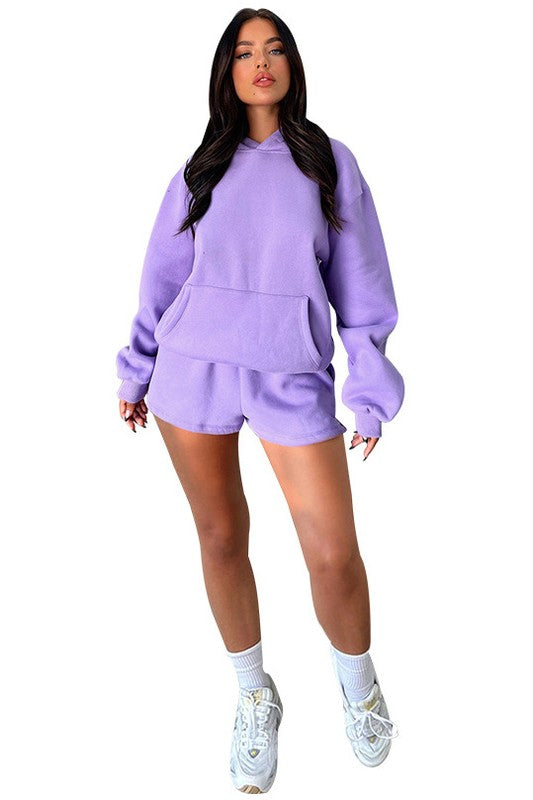 Long Sleeve Kangaroo Pocket Hoodie & Casual Drawstring Shorts Set