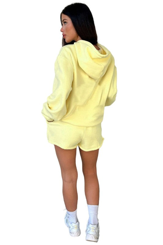 Long Sleeve Kangaroo Pocket Hoodie & Casual Drawstring Shorts Set