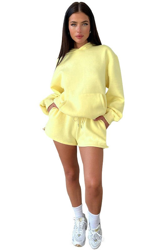 Long Sleeve Kangaroo Pocket Hoodie & Casual Drawstring Shorts Set