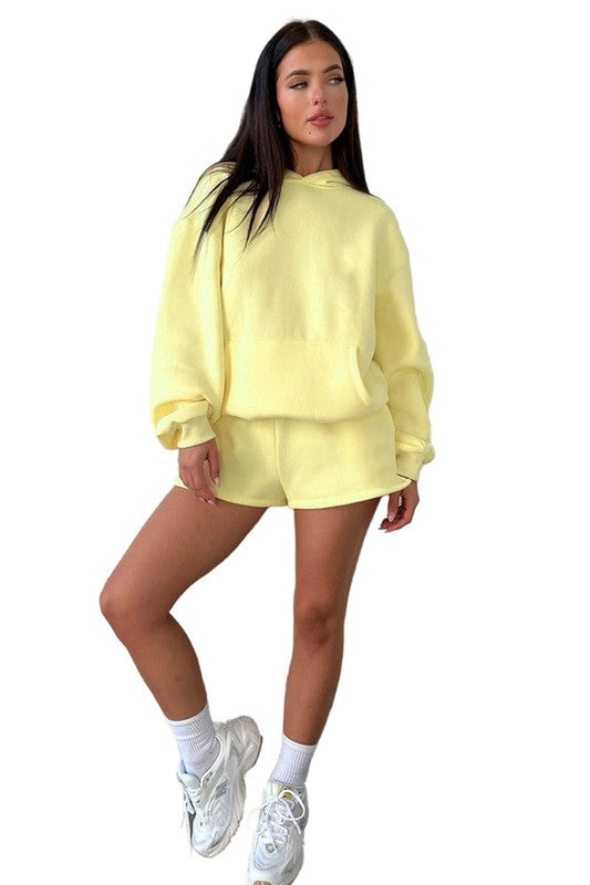 Long Sleeve Kangaroo Pocket Hoodie & Casual Drawstring Shorts Set