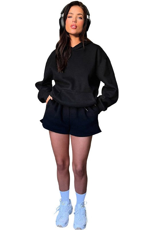 Long Sleeve Kangaroo Pocket Hoodie & Casual Drawstring Shorts Set
