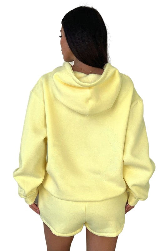 Long Sleeve Kangaroo Pocket Hoodie & Casual Drawstring Shorts Set