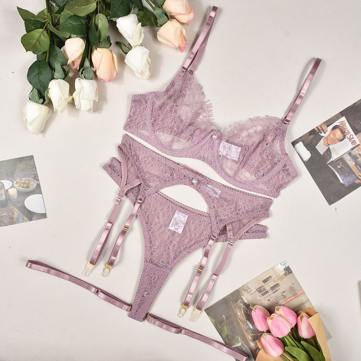Lace Pearl Garter Set - 4PC See-Through Lingerie