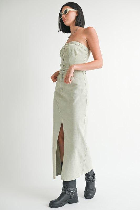 Button Up Tube Top Denim Midi Dress with Slit
