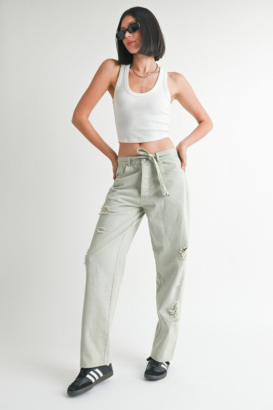 Casual Distressed Wide Leg Tie-front Pants