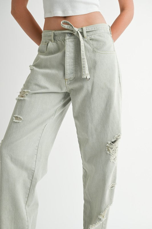 Casual Distressed Wide Leg Tie-front Pants